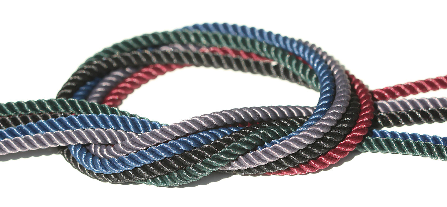 satin cord necklaces in burgundy, blue, dark green, grey and black